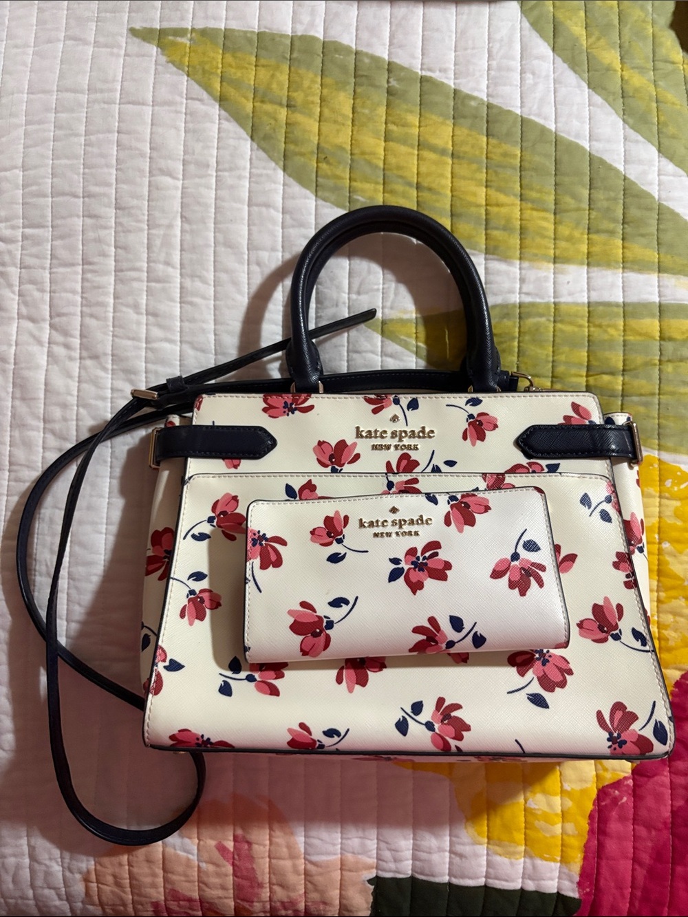 Kate Spade with matching wallet Cream Floral Leather Satchel with Navy Trim